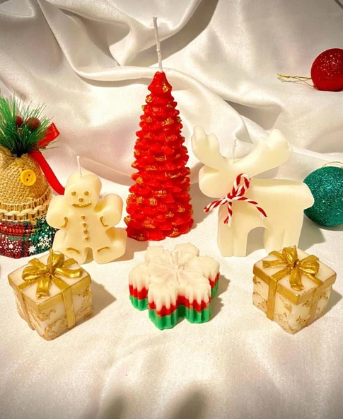 Dekoratif Yılbaşı Temalı Elma & Tarçın Kokulu 6'lı Mum Seti ürün görseli 1