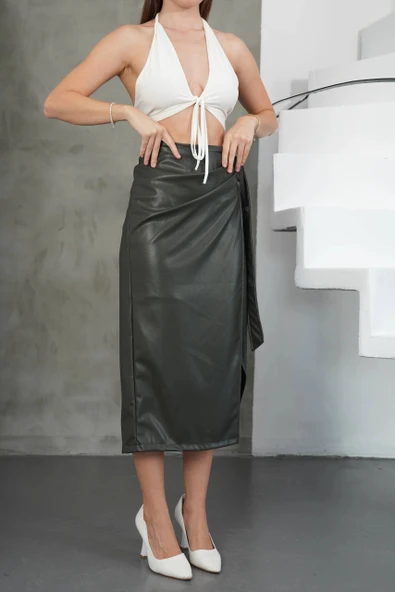 BİÇOMİ Kuşaklı uzun deri etek haki h26414 - Resim 6