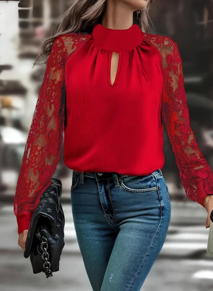 Lucky Life Kadın Uzun Kollu Göğüs Pencere Detay Yaka Boğazlı Kolları Tüllü Sandy Bluz - Resim 2