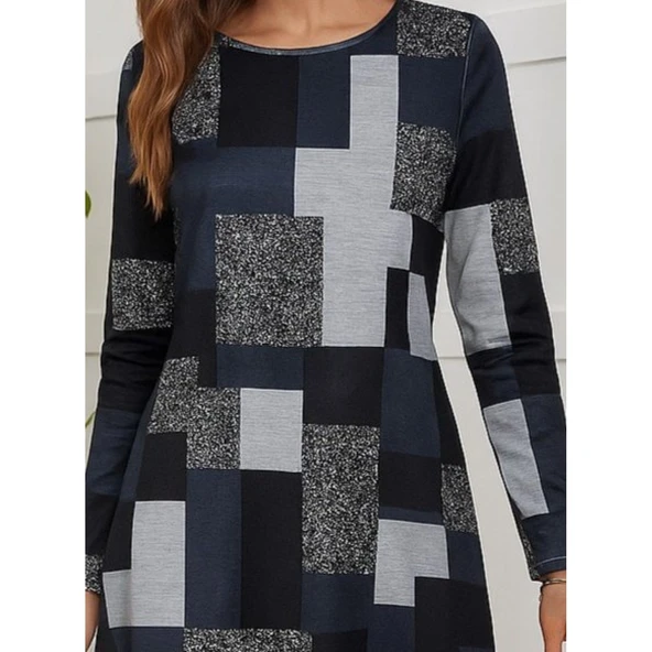 Lucky Life Kadın Uzun Kollu Yuvarlak Yaka Geometrik Süprem Elbise ürün görseli 1