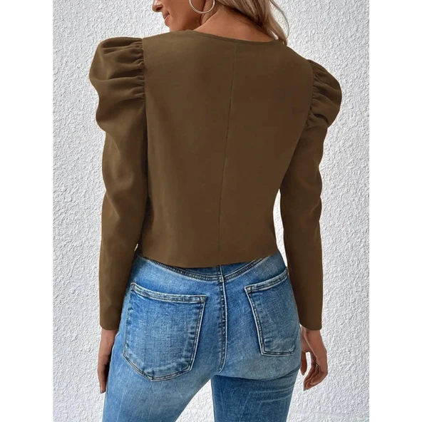 Lucky Life Kadın Uzun Kollu önden Fermuarlı Balon Kol Süet Ceket - 5