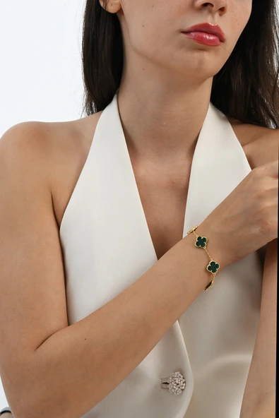 925 Ayar gümüş altın yaldızlı malakit (malahit) taşlı beş motifli gümüş yonca bileklik SGTL13107YESIL - Resim 3