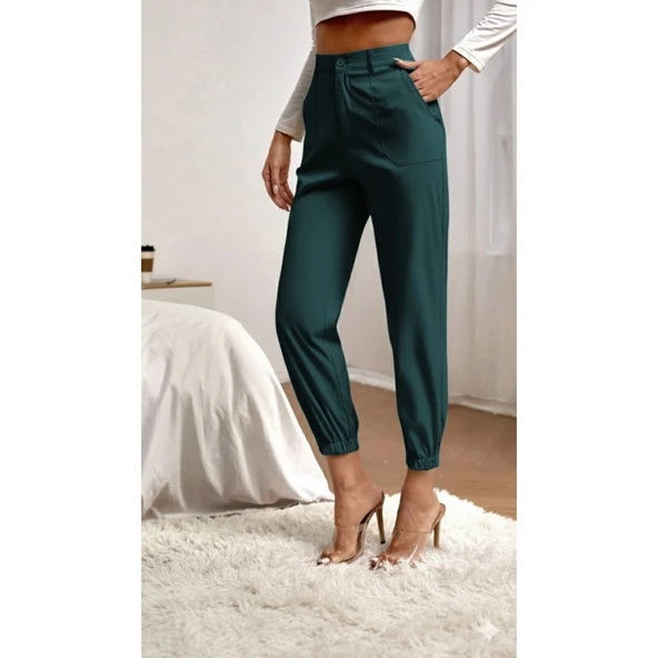 Lucky Life Lucky Life Kadın Yüksek Bel Cepli Paçası Lastikli Ithal Krep Pantolon