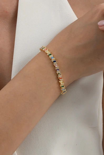 925 ayar gümüş altın yaldızlı renkli marquise (MARKİZ) kesim zirkon taşlı ışıltı seli gümüş bileklik SGTL13069GOLD ürün görseli 1