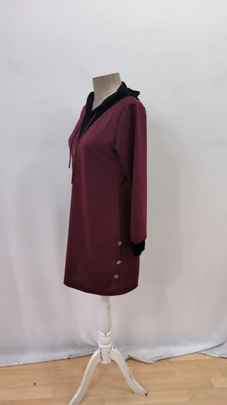 Lucky Life Kadın  Uzun Kollu Kapşonlu önden Fermuarlı Düğmeli Mini Iki Iplik Elbise - Resim 5