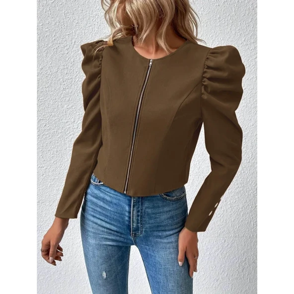 Lucky Life Kadın Uzun Kollu önden Fermuarlı Balon Kol Süet Ceket - 3