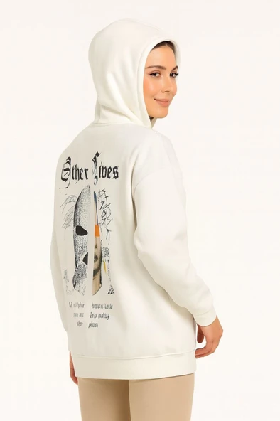 Lucky Life Kapşonlu Sweatshirt – Oversize Üç İplik Şardonlu Hoodie, “Other Lives” Ön - Arka Baskılı, Kanguru Cepli, Kışlık Rahat Günlük Stil - Beyaz - Resim 2