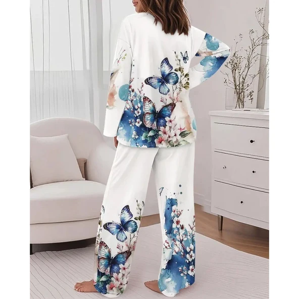 Lucky Life Lucky Life Kadın Uzun Kollu Bisiklet Yaka Kelebek Desenli Iki Iplik Alt üst Takım - Resim 3