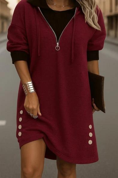 Lucky Life Kadın  Uzun Kollu Kapşonlu önden Fermuarlı Düğmeli Mini Iki Iplik Elbise - Resim 2