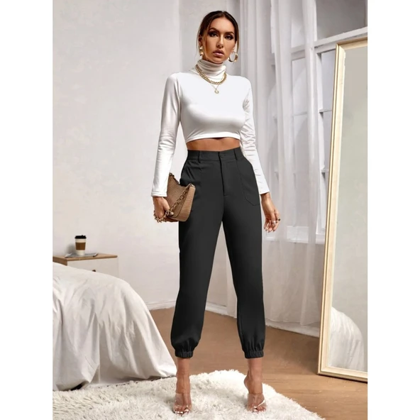 Lucky Life Lucky Life Kadın Yüksek Bel Cepli Paçası Lastikli Ithal Krep Pantolon - 5