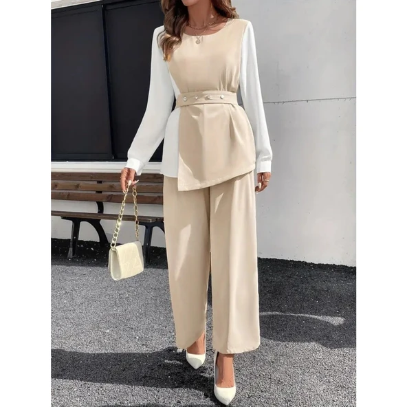 Lucky Life Lucky Life Kadın Uzun Kollu Açık Yakalı çift Renkli Kemerli Ithal Krep Ikili Takım - 3