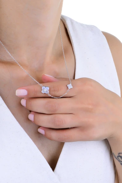 Gümüş rodyumlu zirkon ve sedef taşlı double şans yonca kolye SGTL12967RODAJ - Resim 3