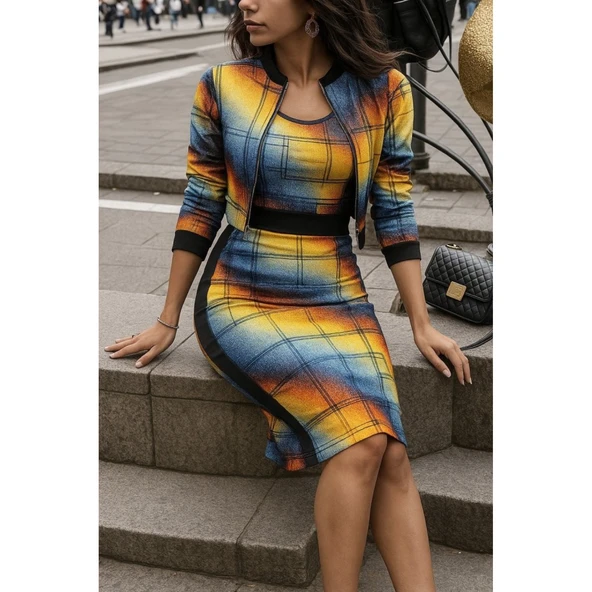 Lucky Life Kadın Uzun Kollu Askılı Yuvarlak Yaka Desenli Dalgıç Bluz Ceket Ve Etek üçlü Takım - Resim 3