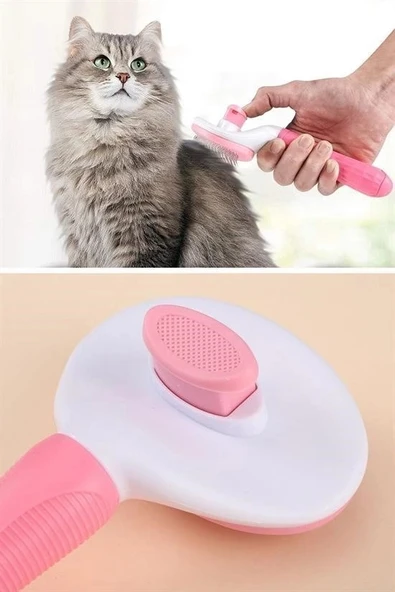 BUFFER® Kedi Köpek Tüy Toplayıcı Kendini Temizleyebilen Ergonomik Saplı Evcil Hayvan Tarağı Pembe - 8
