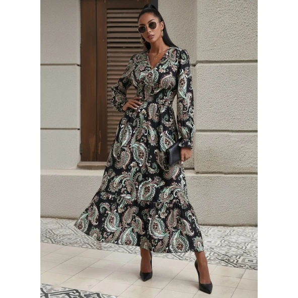 Lucky Life Kadın Uzun Kollu Kruvaze Yaka Beli Lastikli Uzun Desenli Maxi Elbise - 3