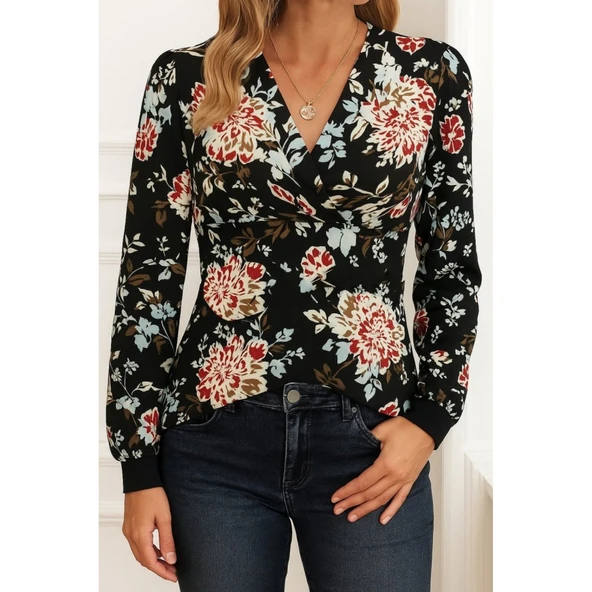 Lucky Life Lucky Life Kadın Uzun Kollu Kruvaze Yakalı Kelebek Desenli şardonlu Dalgıç Bluz - 5