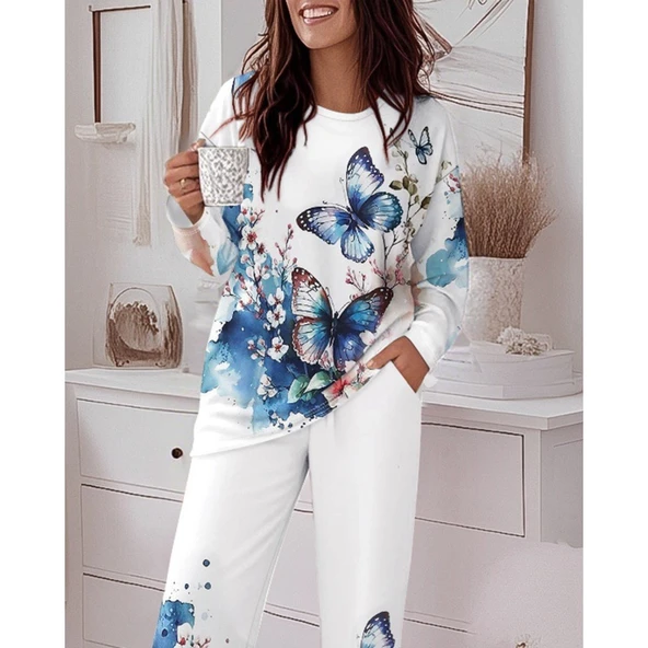 Lucky Life Lucky Life Kadın Uzun Kollu Bisiklet Yaka Kelebek Desenli Iki Iplik Alt üst Takım ürün görseli