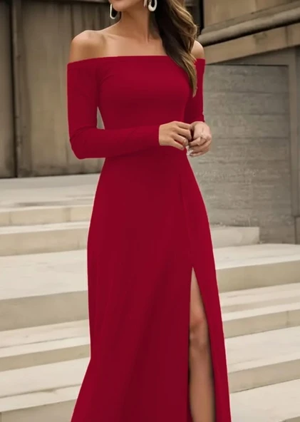 Lucky Life Kadın  Uzun Kollu Madonna Yakalı Yırtmaç Detaylı Uzun Ithal Krep Elbise ürün görseli 1