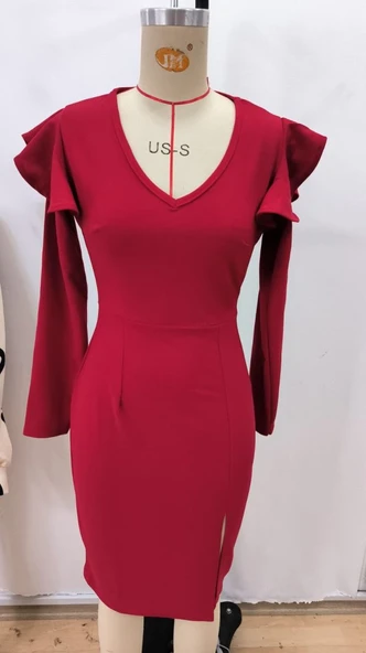 Lucky Life Kadın Uzun Kollu V Yakalı Yandan Yırtmaçlı Midi Ithal Krep Elbise - Resim 4