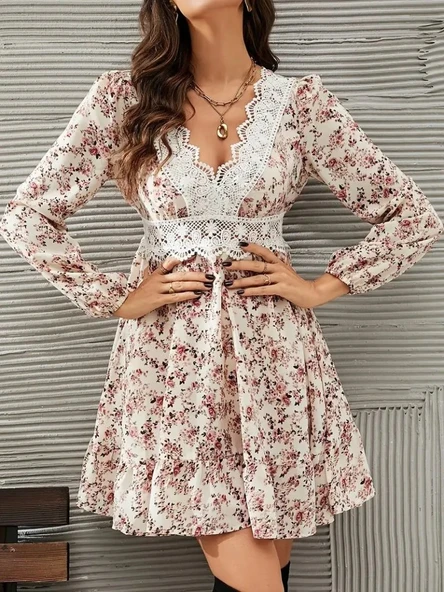 Lucky Life Kadın  Uzun Kollu Dantel V Yakalı Mini Desenli Süprem Elbise - Resim 2