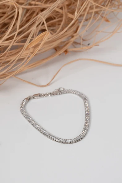 Gümüş rodyumlu baget kesim zirkon sıra taşlı su yolu modeli gümüş bileklik  SGTL13051RODAJ - Resim 4