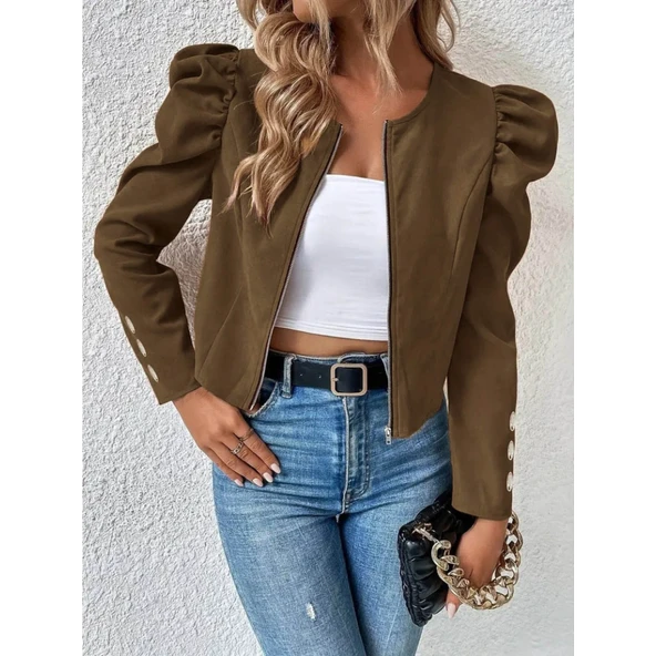 Lucky Life Kadın Uzun Kollu önden Fermuarlı Balon Kol Süet Ceket