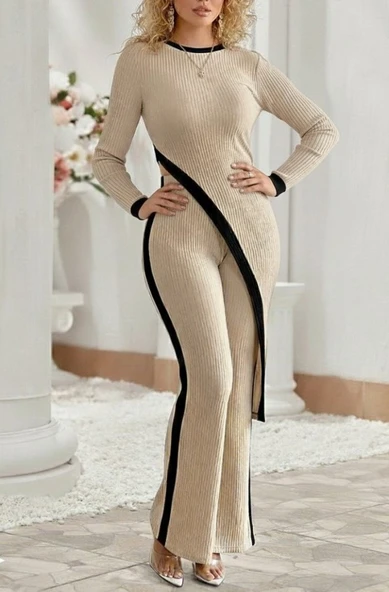 Lucky Life Kadın  Uzun Kollu Bisiklet Yaka Asimetrik Kesim Bluz şardonlu Kaşkorse Bluz Ve Pantolon Ikili Takım - Resim 3