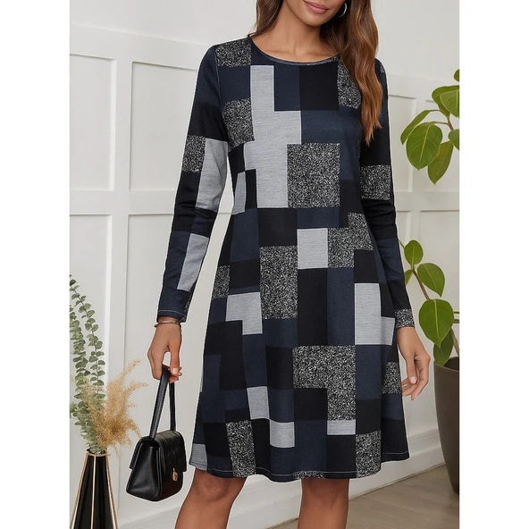 Lucky Life Kadın Uzun Kollu Yuvarlak Yaka Geometrik Süprem Elbise - Resim 2