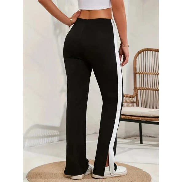 Lucky Life Lucky Life Kadın Yüksek Bel Yan şerit Detaylı Yırtmaçlı Viskon Iki Iplik Pantolon - Resim 5