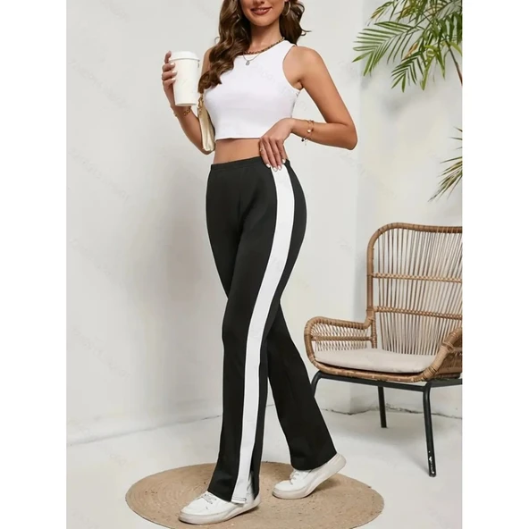 Lucky Life Lucky Life Kadın Yüksek Bel Yan şerit Detaylı Yırtmaçlı Viskon Iki Iplik Pantolon - Resim 2