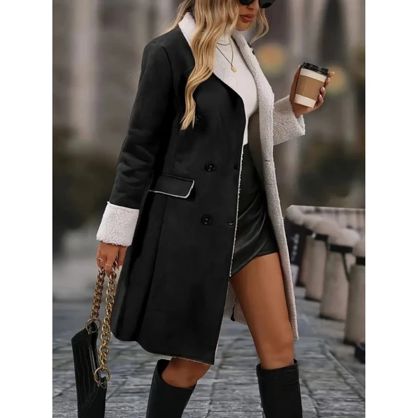 Lucky Life Kadın Uzun Kollu Yakalı Düğmeli Süet Mini Manto - 2