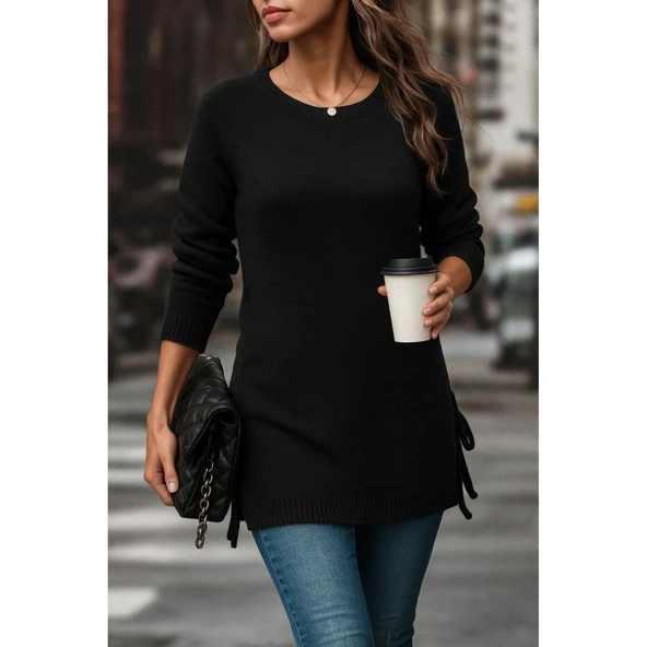 Lucky Life Kadın Uzun Kollu Yuvarlak Yakalı Yanlardan Bağcıklı Triko Bluz - 3