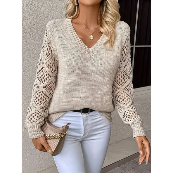 Lucky Life Lucky Life Kadın Uzun Kollu V Yaka Kol Delikli Baklava Desen Detaylı Triko Kazak - 3