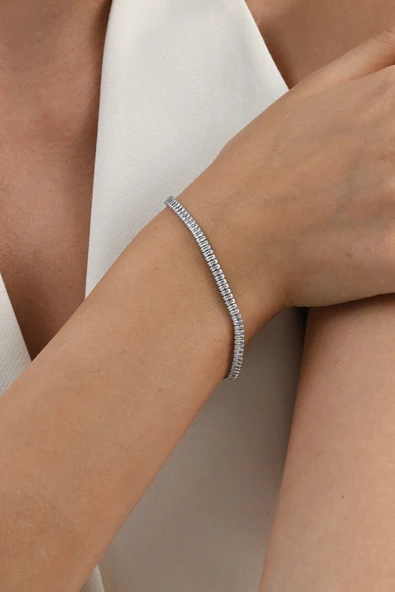 Gümüş rodyumlu baget kesim zirkon sıra taşlı su yolu modeli gümüş bileklik  SGTL13051RODAJ - Resim 2