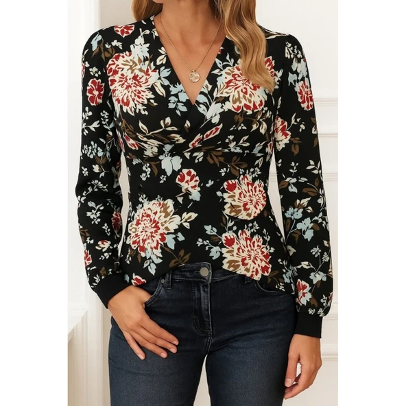 Lucky Life Lucky Life Kadın Uzun Kollu Kruvaze Yakalı Kelebek Desenli şardonlu Dalgıç Bluz - 3
