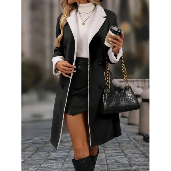 Lucky Life Kadın Uzun Kollu Yakalı Düğmeli Süet Mini Manto