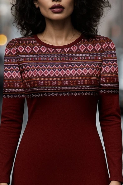 Lucky Life Kadın  Uzun Kollu Bisiklet Yaka Etnik Desenli Kısa şardonlu Dalgıç Elbise ürün görseli 1