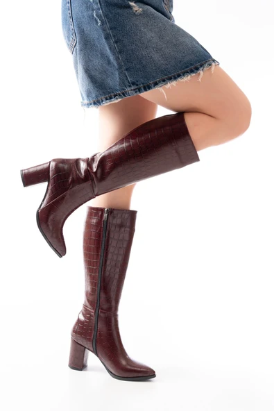 YSN-4422 Bordo Kroko Topuklu Kadın Çizme - Resim 4