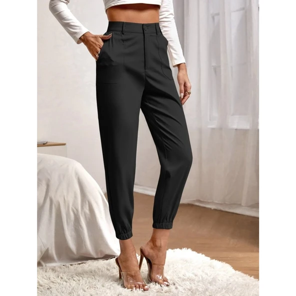 Lucky Life Lucky Life Kadın Yüksek Bel Cepli Paçası Lastikli Ithal Krep Pantolon - 3