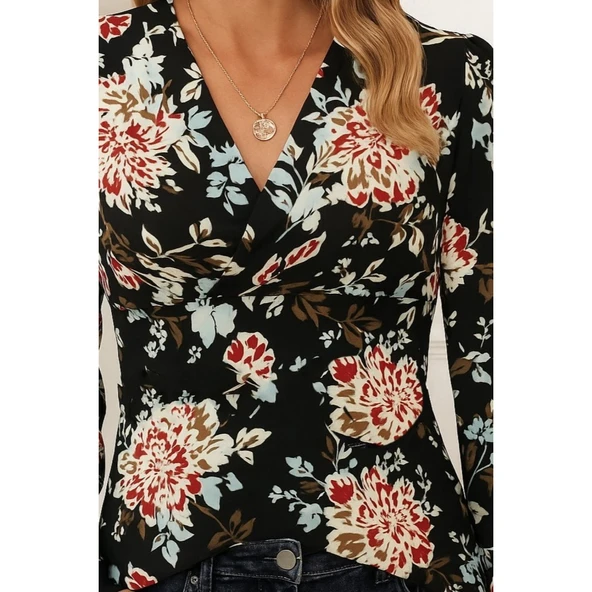 Lucky Life Lucky Life Kadın Uzun Kollu Kruvaze Yakalı Kelebek Desenli şardonlu Dalgıç Bluz - 4