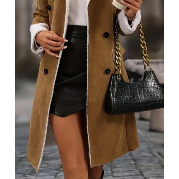 Lucky Life Kadın Uzun Kollu Yakalı Düğmeli Süet Mini Manto - 3