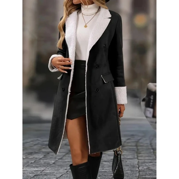 Lucky Life Kadın Uzun Kollu Yakalı Düğmeli Süet Mini Manto - 3