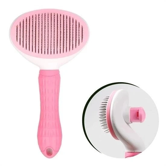 BUFFER® Kedi Köpek Tüy Toplayıcı Kendini Temizleyebilen Ergonomik Saplı Evcil Hayvan Tarağı Pembe