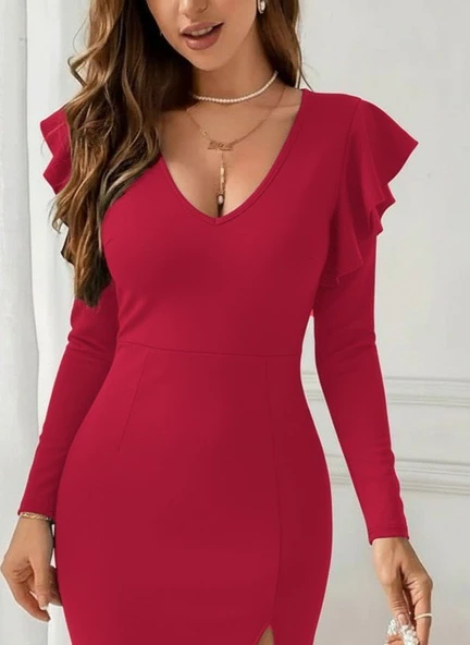 Lucky Life Kadın Uzun Kollu V Yakalı Yandan Yırtmaçlı Midi Ithal Krep Elbise ürün görseli 1