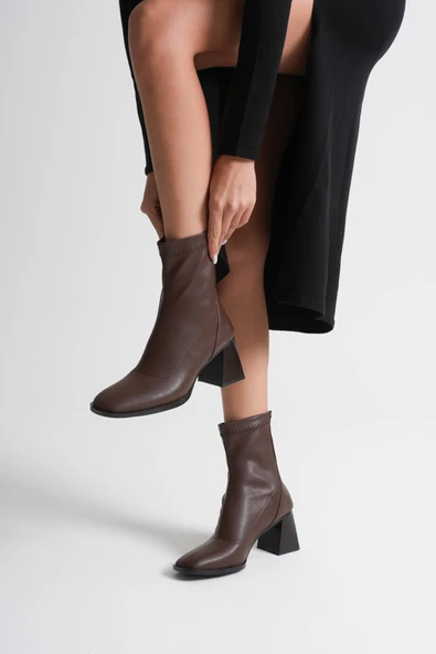 Anevra Acı Kahve Kalın Topuklu Streç Bot - 2