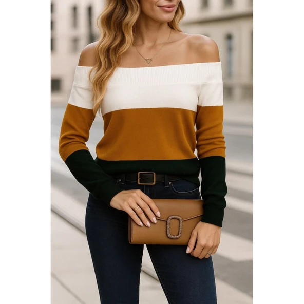 Lucky Life Lucky Life Kadın Uzun Kollu Omuzlardan Açık Uzun Kollu Blok çizgili Triko Bluz - 2