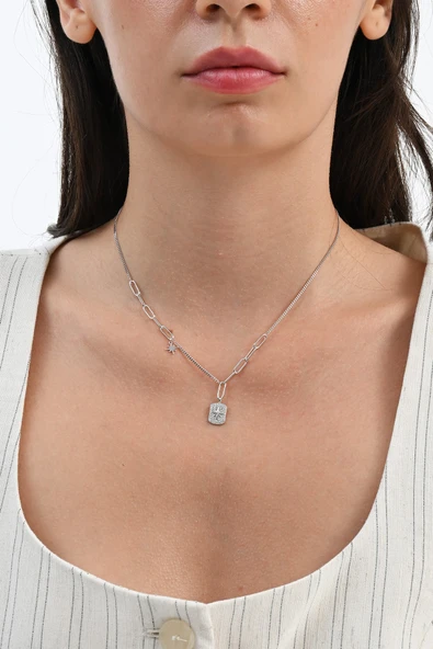 925 Ayar gümüş rodyumlu zirkon taşlı ataç zincir detaylı künye modeli kuzey yıldızı kolye SGTL13091RODAJ - Resim 2