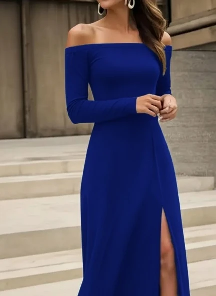 Lucky Life Kadın  Uzun Kollu Madonna Yakalı Yırtmaç Detaylı Uzun Ithal Krep Elbise ürün görseli 1