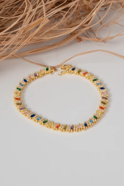 925 ayar gümüş altın yaldızlı renkli marquise (MARKİZ) kesim zirkon taşlı ışıltı seli gümüş bileklik SGTL13069GOLD - Resim 4