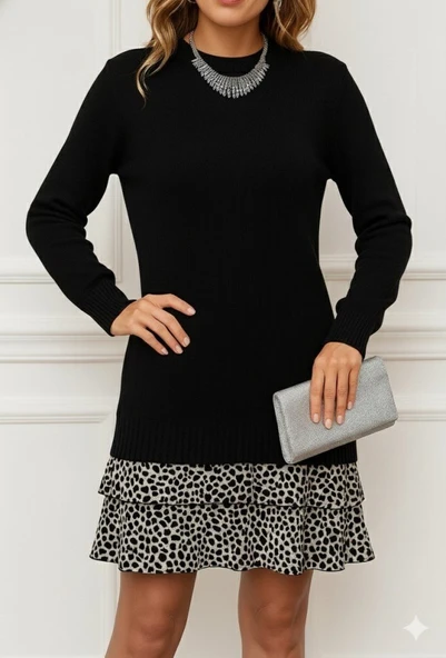 Lucky Life Kadın Uzun Kollu üst şardonlu Kaşkorse Alt Süprem Desenli Elbise - Resim 2